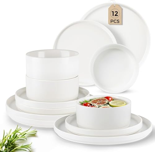 GBHOME Stoneware Dinnerware Sets for 4,12-Piece Matte Plates and Bowls Set | Lightweight Ceramic Dish Set,Oven & Microwave,Dishwasher Safe,Scratch Resistant-White - color: White