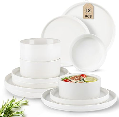 GBHOME Stoneware Dinnerware Sets for 4,12-Piece Matte Plates and Bowls Set | Lightweight Ceramic Dish Set,Oven & Microwave,Dishwasher Safe,Scratch Resistant-White - color: White