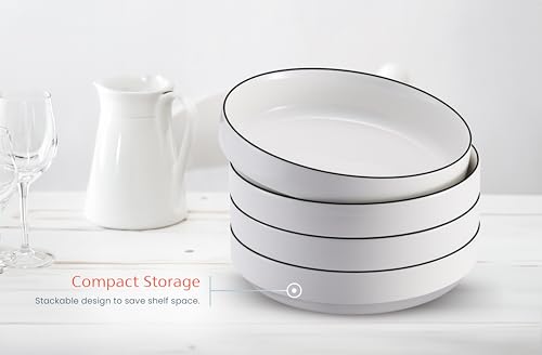 KooK Ceramic Large Pasta Bowls, Microwave and Dishwasher Safe, Great for Soups and Salads, Shallow Serving Bowls, Glossy Porcelain, 47 oz, Set of 4, French - color: French