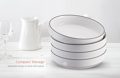 KooK Ceramic Large Pasta Bowls, Microwave and Dishwasher Safe, Great for Soups and Salads, Shallow Serving Bowls, Glossy Porcelain, 47 oz, Set of 4, French - color: French