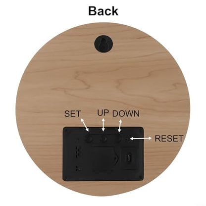 Wooden Silent Non-Ticking Wall Clock, Wood Moon Cordless Aesthetic Modern Alarm, Large LED Digital Round Clock for Living Room Bedroom -Display With Date,Temperature&Calendar(Brown Rechargeable) - size: Brown Rechargeable