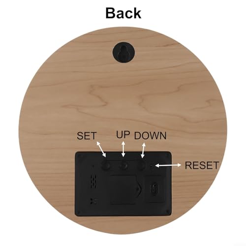 Wooden Silent Non-Ticking Wall Clock, Wood Moon Cordless Aesthetic Modern Alarm, Large LED Digital Round Clock for Living Room Bedroom -Display With Date,Temperature&Calendar(Brown No Rechargeable) - size: Brown No Rechargeable