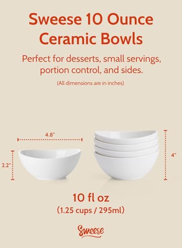 Sweese Porcelain Bowls Set 5 Inch, 10 oz - Set of 4 White Bowls for Dessert, Ice Cream, Soup, Rice & Fruits | Microwave, Dishwasher & Oven Safe - size: 5.0 Inch