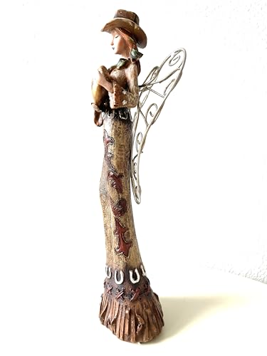 SUREG Western Cowgirl Angel Holding Cross, Family, Friend Figurine Statue Hand Painted Rustic Life-Like Detailed Home Office Decoration Poly Resin 1 Item (Holding Family Heart Sign) - color: Holding Family Heart Sign