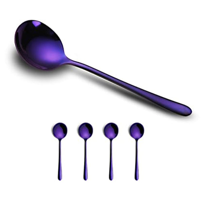 4-Piece Purple Soup Spoons Stainless Steel Bouillion Spoons, 6.88 Inch Round Head, Heavy-Weight Stainless Steel Korean Spoon Set of 4, Rice Spoon Silverware Set - size: 4 pcs Purple