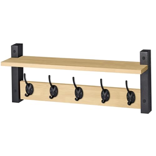 Sorbus Coat Hooks Wall Mount with Shelf – 24 Inch Coat Rack Wall Mount with 5 Heavy Duty Hooks – Floating Wall Shelf with Hooks for Entryway, Bathroom, Bedroom, Kitchen, or Mudroom (Maple Wood) - color: Maple Wood, size: 24 Inch