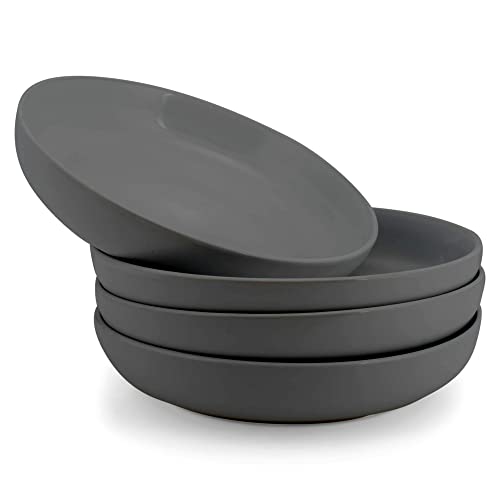 Elanze Designs Bistro Glossy Ceramic 8.5 inch Shallow Pasta Dinner Bowls Set of 4 - Perfect for Everyday uses from Italian Style Pasta to Caesar Salad, and Ramen to Pho, Charcoal Grey - color: Charcoal Grey, style: 8.5 inch Dinner