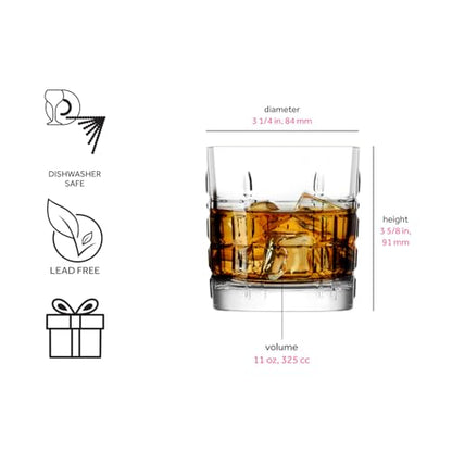 LAV Old Fashioned Whiskey Glass Set with Linear Nuances | Set of 4 x 11 oz | Brit Glasses, Bourbon, Scotch, Cocktails, Liquor | Crystal Whiskey, Bistro, Short Drink, Rock Glass, Bar | Dishwasher Safe - style: Retro