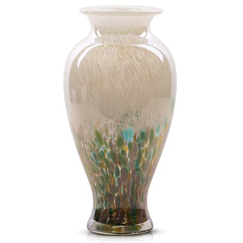 11.8" Tall Glass Vase Beautiful Hand Blown Glass Vase Modern Art Home Decor, Wide Mouth Colorful Vases for Mantle Dining Table Centerpiece, Entryway Living Room Wedding Decoration (Green) - color: Green
