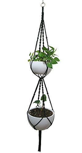 Macrame Plant Hanger & Holder, Hanging Planter 4 Legs Double Deck for 8 inch to 10 inch Two Pots Indoor Outdoor Hanging Planter Cotton Rope 67 Inch with Metal Ring (Cotton-Black) - color: Natural