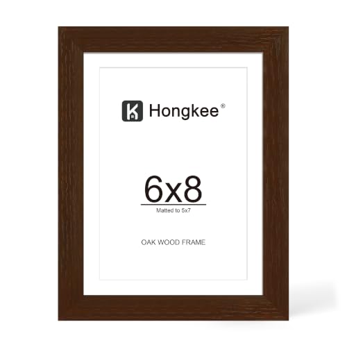 Hongkee 6x8 Oak Wood Picture Frame 1 Pack(Matted 5x7) with Real Glass Cover | Walnut, 6 x 8 Solid Wood Frame for Wall or Tabletop Display - Includes Easel Back, Vertical Hang - Ideal for Home, Office - color: Walnut, size: 6X8 in