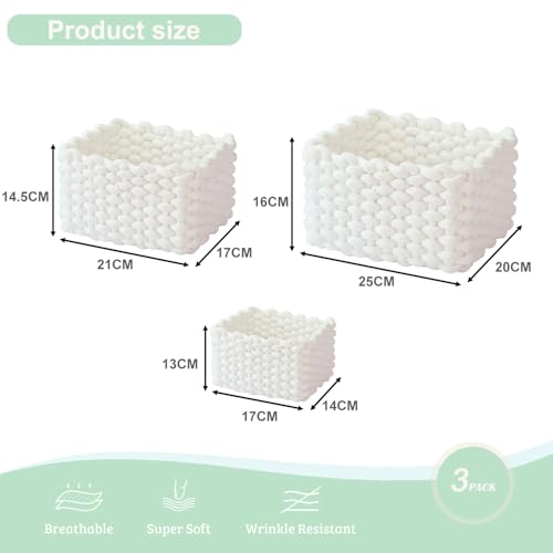 hand-knitted velvet rope storage basket set of 3 - soft cotton rope desktop cosmetics organizer box - nesting multi-functional storage basket (white) - color: White
