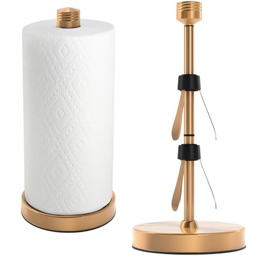 Heavy-Duty Stainless Steel Paper Towel Holder - Easy One-Handed Tear with Suction Cups - Modern Weighted Standing Countertop Dispenser for Kitchen - Holds All Paper Towel Rolls, Gold - color: Gold