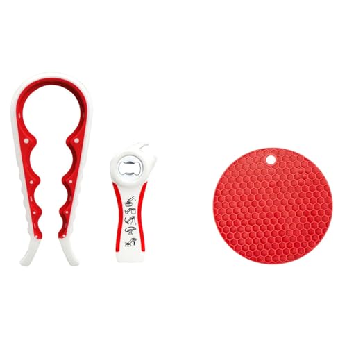 3 Piece Jar Opener Labor Saving Tool Set For Seniors Arthritis Weak Hands | Lever eases arthritic wrist strain dual honeycomb silicone mat heat trivet compact dishwasher safe gift for elderly seniors - color: white and red