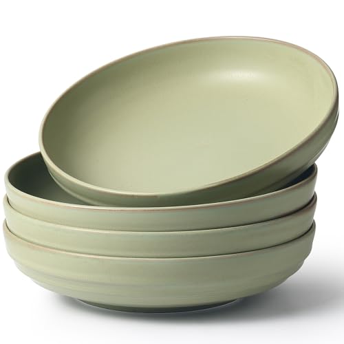 HAPPY KIT Stoneware 9'' Pasta Bowls 42oz Set of 4, Meadow Green | 42 Oz, Stoneware, Reactive Glaze, Scratch Resistant - color: MeadowGreen