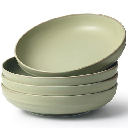 HAPPY KIT Stoneware 9'' Pasta Bowls 42oz Set of 4, Meadow Green | 42 Oz, Stoneware, Reactive Glaze, Scratch Resistant - color: MeadowGreen