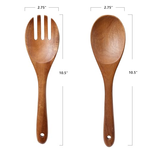 2 pcs Wooden Spoons for Cooking, 10.5 Inch wooden Salad servers of ladle and Fork Set, Acacia Wood Salads Kitchen Serving Utensils Set for Tossing, Mixing and Cooking - color: Acacia Wood