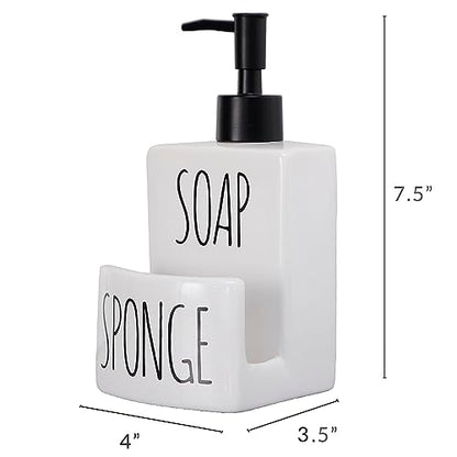 Ceramic Dish soap Dispenser with Sponge Holder Hand and Dish Soap Dispenser Set for Kitchen 2-in-1 Countertop Soap Pump Dispenser for Kitchen Sink, Useful Kitchen Gadgets - Modern Farmhouse White - color: White