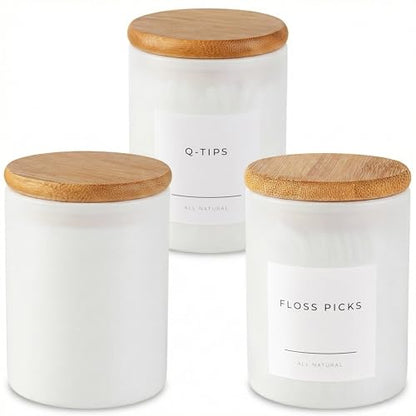 Mini Glass Apothecary Jars with Bamboo Lids, Small Bathroom and Kitchen Storage Containers, For Cotton Balls, Pads and Swabs, 10 oz, Set of 3, White - color: White