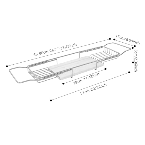 Expandable Bathtub Tray, Stainless Steel Bath Caddy with Marble Board, Adjustable 26.8-35.4 Inch Bathtub Shelf for Bathroom Spa