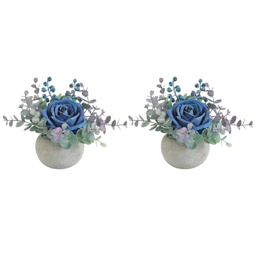 Small Artificial 2pcs Blue Rose Potted Plant, 6" Fake Silk Flowers in 3.5" Round Pot, Mini Faux Floral Arrangement for Desk Shelf Bathroom Decor - color: 2pcs Blue