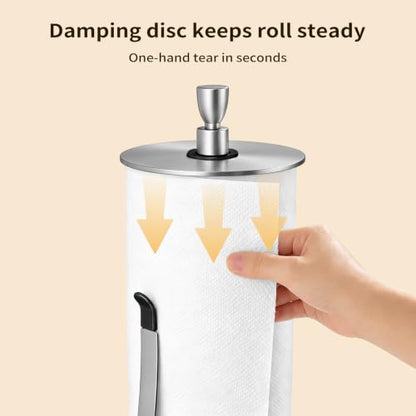 Heavy Duty Paper Towel Holder Countertop Top Damping Disc Silver | Easy One-Handed Tear, Weighted Base Non-Slip, Tension Arm Prevents Unraveling, Countertop Paper Stand for Kitchen, Bathroom - color: Silver