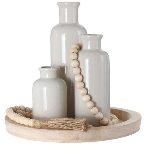 5 Pcs Rustic Country Tabletop Centerpieces Decor Set of 3 Boho Ceramic Vases with Wooden Serving Tray Wood Bead Garland Tassels Table Holder for Home Decorations (Wood Color) - color: Wood Color