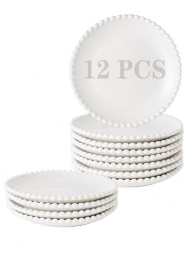 6 Inch White Porcelain Beaded Dessert Plates Set of 12 | Round Shape,Ceramic,Small,Dinner Serving Dishes,for Appetizer,Cake,,Snacks,Fruits, Microwave, Dishwasher,Oven Safe - size: 6 Inch - 12P