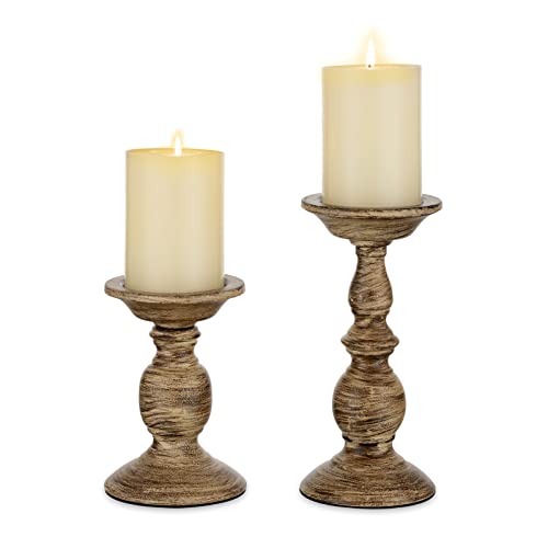 Sziqiqi Vintage Pillar Candle Holders Distressed Metal Candleholder, Shabby Chic Candle Stand Candlestick Holder Decorative Table Centerpiece Fireplace Decor Set of 2 - color: Brown, size: 2pcs/set