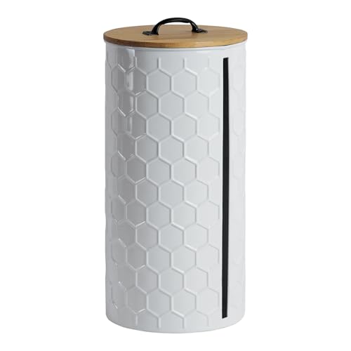 Metal Paper Towel Holder, Weighted Base with Suction Cups | White Honeycomb Pattern Embossed with Wooden Lid, Easy Tear Roll Dispenser for Kitchen Counter, Bars, Dining Tables - color: Honeycomb White