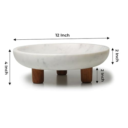 Marble Fruit bowl with three wood legs | 11.8 inch dia footed bowl for kitchen counter | Use as centerpiece for dining table, key bowl for entryway table, or potpurri/decorations (Large)