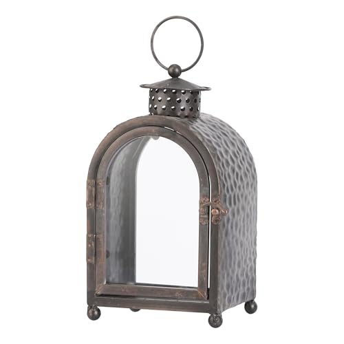 Farmhouse Metal Candle Lantern in Vingtage Tin Finish with Decorative Arched Glass and Hammered Texture, Indoor Outdoor Hanging Tabletop Lantern for Home, Garden, Patio, Mantel (1, 5.8"x10")