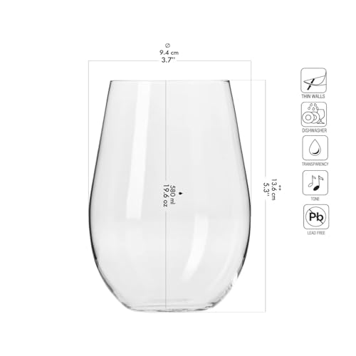Krosno Wine Glasses Set of 6, 19.6 oz, Harmony Collection | White or Red Wine Set, Lead-Free Crystal Glassware, Drinking Glasses, Aperol Spritz Glases, Wedding Gift, Dishwasher Safe - style: Wine 19.6 oz (Set of 6)