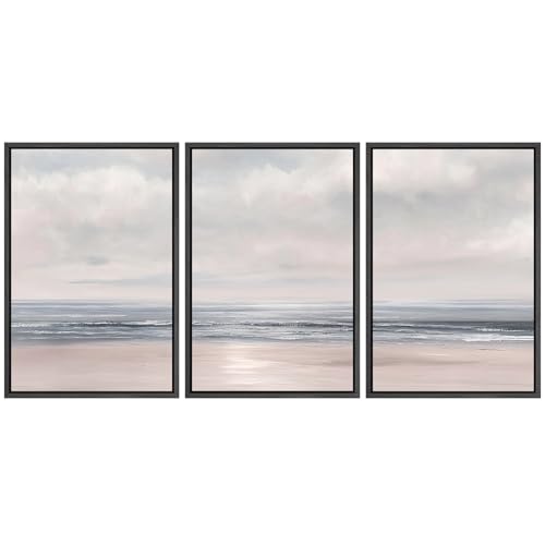 SIGNFORD Framed Canvas Print Wall Art Set Soft Blush Pink Coastal Illustrations Modern Art Relax/Calm for Living Room, Bedroom, Office - 16"x24"x3 BLACK - color: AS06-2604-M06, size: 16"x24"x3 Panels Black