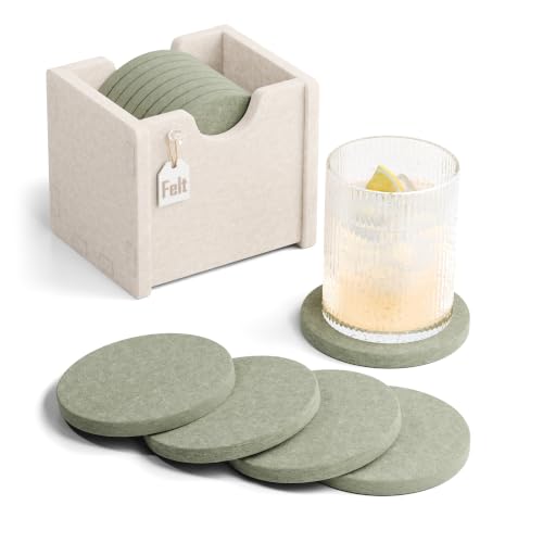 Fluxynara Felt Coasters with Holder, Set of 8 for Drinks, Sage | Round Felt Coasters, Absorbent, Heat-Resistant & Reusable for Drinks, Ideal for Coffee Tables and Living Rooms, 3.94 Inch - color: Sage, size: Round - 8 Count
