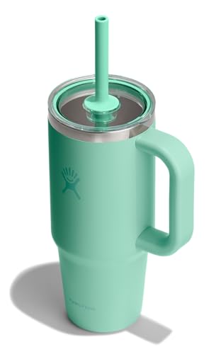 Hydro Flask Travel Tumbler with Handle, Clear Lid and Straw - Insulated Stainless Steel - color: MERMAID GREEN, size: 24 Ounces