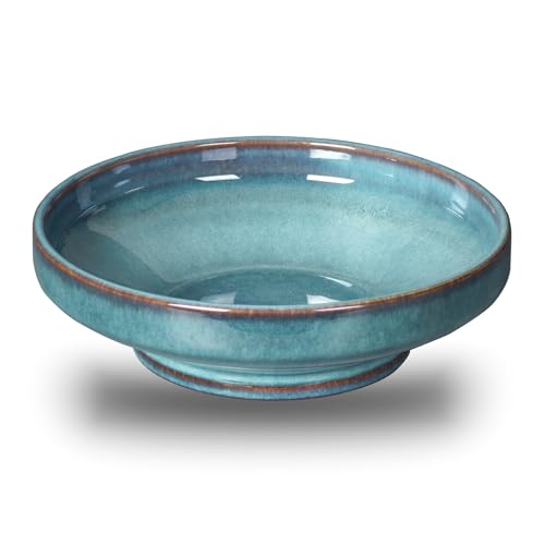 Ceramic Fruit Bowl for Kitchen Counter,Decorative Pedestal Bowl for Table Countertop,Large Footed Serving Bowl,10.2 Inch (Blue) - color: Blue