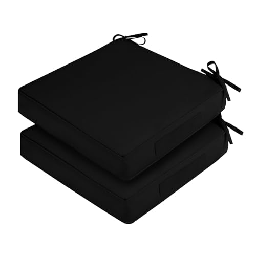 Waterproof Outdoor Chair Cushions Set of 2, Square Outdoor Seat Cushions with Ties and Removable Covers, 24 x 24 Outdoor Cushions for Patio Furniture with Portable Handle(Black) - color: Black, size: 24x24x4
