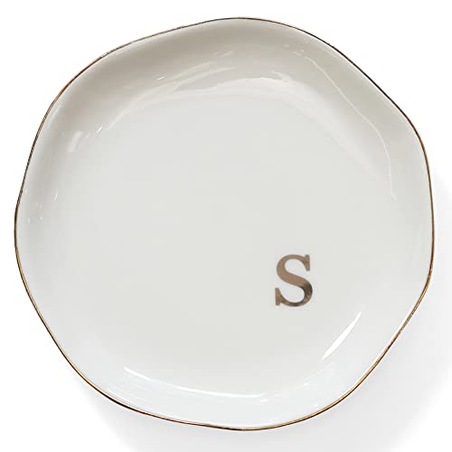 Initials Ring Dish Jewery Tray with Personalized S-Monogrammed Engagement Wedding Gifts for Friends,Sister,Birthday Christmas Gifts for Women,Ceramic White - style: s