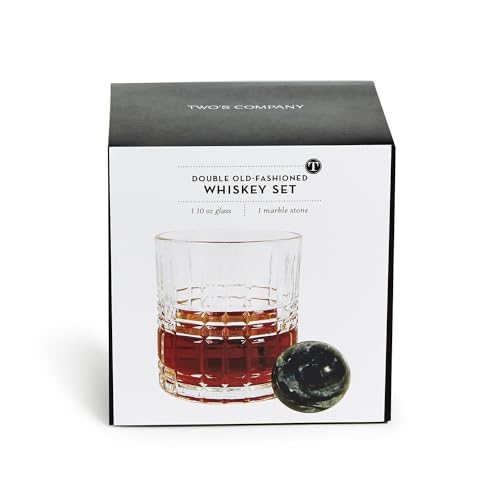 Two's Company Double Old Fashion Whisky Set, Includes Stone Ball in Gift Box, 10 Oz Glass, 2-inch Diameter Stone Ball