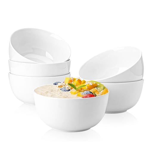 Sweese 20 Oz Porcelain Bowls Set of 6 - Durable for Cereal, Soup, Rice, Pasta, Salad, Oatmeal - Microwave Dishwasher Safe, White - color: White, size: 20 Ounce