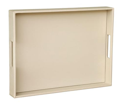 HofferRuffer Rectangle Serving Tray with Hole Handles for Coffee Table, Breakfast, Tea, Food, Butler - Countertop, Kitchen, Vanity Serve Tray, 16.2 x 12.2 x 2 inches, Faux Leather (Dark CreamWhite) - color: Dark Creamwhite