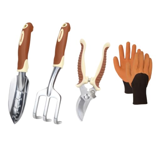 Brown Garden Tool Sets, Aluminum Gardening Hand Tool Kit 4-Piece | Transplant Trowel, Hand Rake, Curved Pruner with Ergonomic Handle, Garden Gloves, Gardening Gift for Men Women Plant Lover - color: brown-4pcs