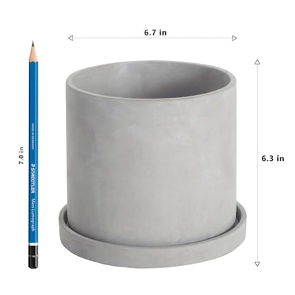 Ekirlin 6.7 Inch Indoor Plant Pot, Natural Grey Cement Standing Planters with Drain Hole & Saucer Tray, Modern Succulents Containers, Flower Pots for Home Decor, Outdoor & Garden Plants - size: 6.7 inch