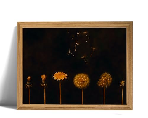 Dandelion Life Cycle Wall Art –Minimalist Botanical Flower Canvas Poster Print,Botanical Nature Painting，Warm Golden Nature Picture Artwork, Farmhouse Hallway Wall Decor, Wood Frame 16x24in - color: Retro Dandelion flowers, size: 24"L x 16"W