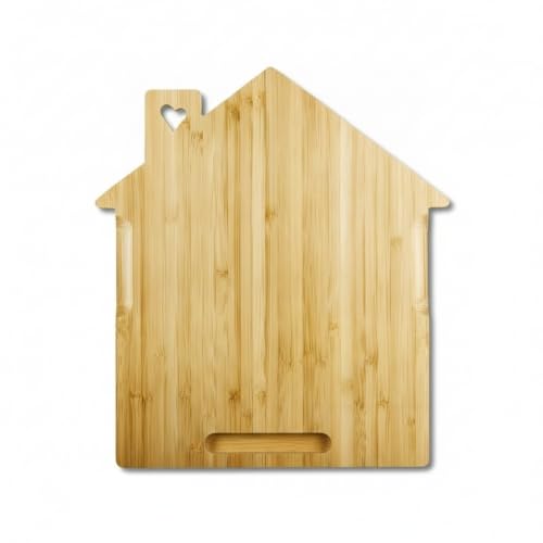 Solid Natural Bamboo Cutting Board, House-Shaped Wood Chopping Block for Kitchen Prep and Serving with Hanging Hole, 9.8 x 11 Inches