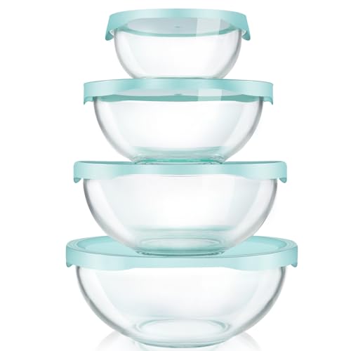 Luvan Borosilicate Clear Glass Mixing Bowls with Lids Set of 4 (0.53qt, 1.1qt, 2.1qt, 3.7qt), Space Saving Nesting Bowls Large Kitchen Salad Bowls for Meal Preping,Baking,Mixing,Dishwasher Safe - color: 4 Pack Light Blue