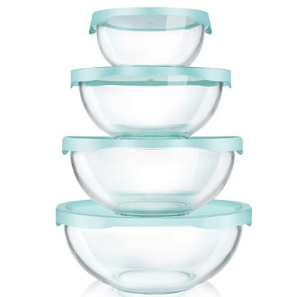 Luvan Borosilicate Clear Glass Mixing Bowls with Lids Set of 4 (0.53qt, 1.1qt, 2.1qt, 3.7qt), Space Saving Nesting Bowls Large Kitchen Salad Bowls for Meal Preping,Baking,Mixing,Dishwasher Safe - color: 4 Pack Light Blue