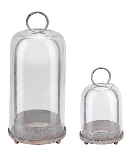 5" & 4" Wide Versatile Metal Candle Holder in Shabby White with Handmade Thick, Heavy & Sturdy Glass Dome for Pillar Candle, Industrial, Modern, Shelf, Mantel, Veranda, Porch - color: White Shabby