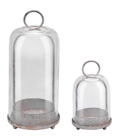 5" & 4" Wide Versatile Metal Candle Holder in Shabby White with Handmade Thick, Heavy & Sturdy Glass Dome for Pillar Candle, Industrial, Modern, Shelf, Mantel, Veranda, Porch - color: White Shabby
